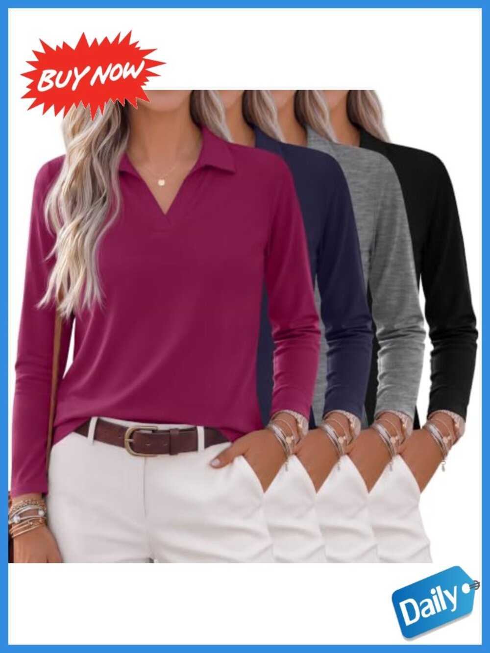 4 Pack Women's Long Sleeve Polo Shirts Loose Fit V-Neck Knit Tops